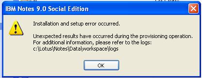 Image:Error updating to IBM Notes 9.0
